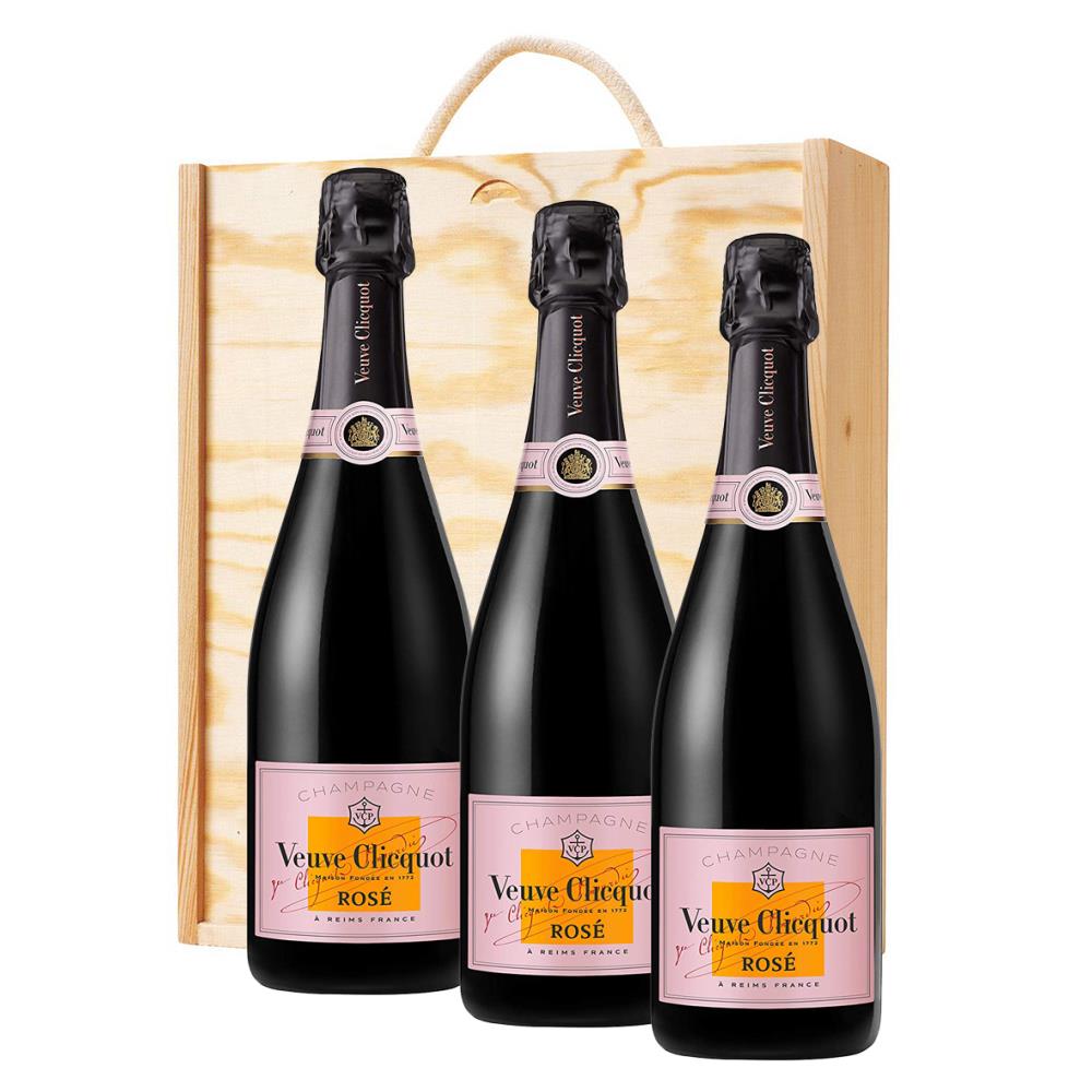 3 x Veuve Clicquot Rose Label 75cl Treble Wooden Gift Boxed Champagne